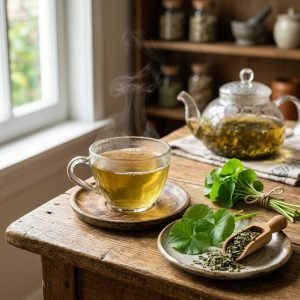 Taza de infusión medicinal de Centella Asiática (Gotu Kola) con hojas frescas y secas en mesa de madera