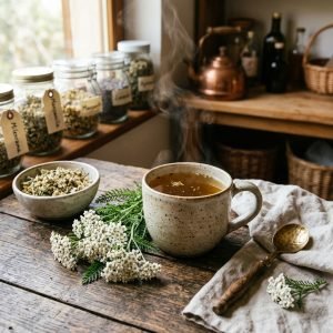 Taza de infusión caliente de milenrama rodeada de flores frescas de Achillea millefolium