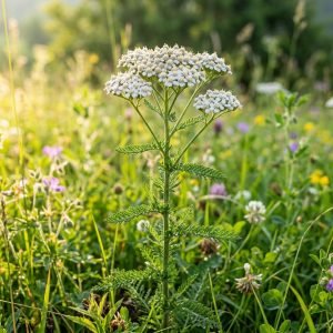 Planta medicinal de Milenrama (Achillea millefolium) en flor silvestre en un prado luminoso